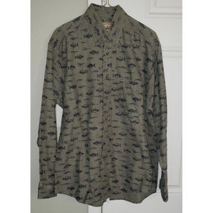 Woolrich Khaki Green Long Sleeve Fish Print Men's Medium